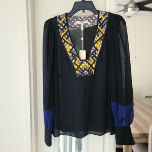 BCBG Black Sheer Blouse with Yellow & Royal Blue Trim